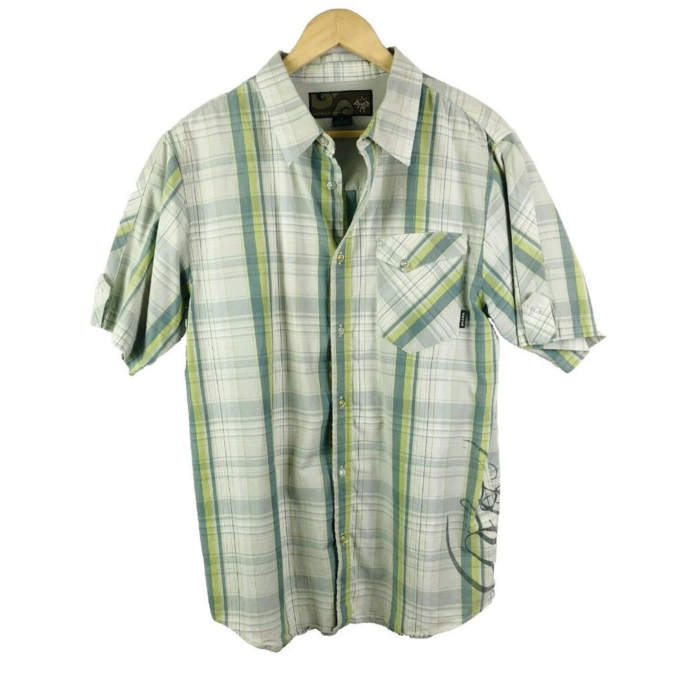 Prana Shirt Mens Size Large Organic Cotton Button Front Short Sleeve Plaid Y2K